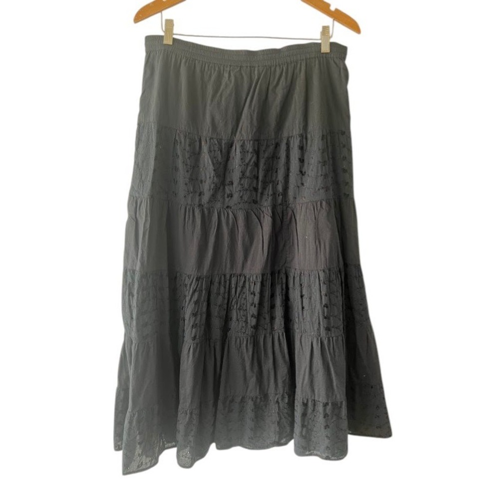 Claudia Richard Womens L Black Tiered Maxi Skirt Embroidered Boho Peasant